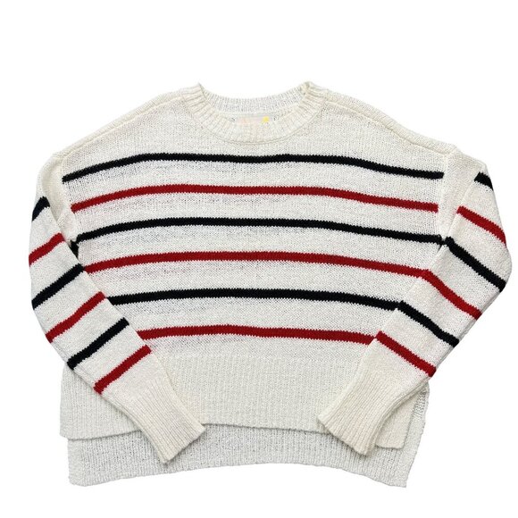 C&C California Loose Knit Striped Sweater Cream Blue Red Cozy Boho Beach Women M - Picture 2 of 10